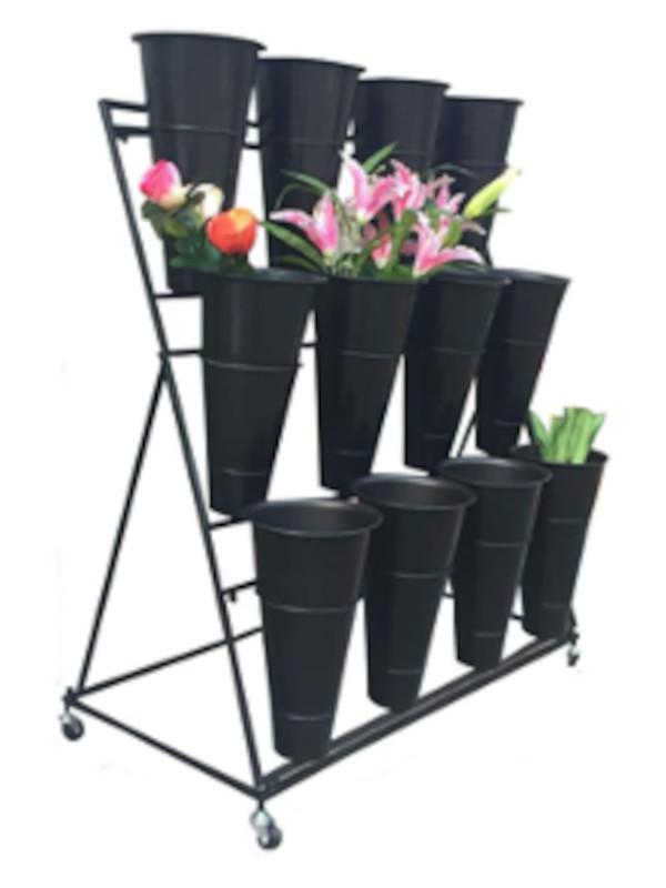 Floral Cart with 12 Plastic Vases and Sign Frame (Black)